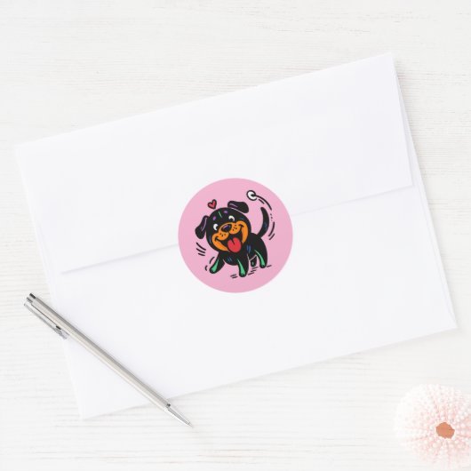 Happy Funny Cartoon Rottweiler Puppy Ronde Sticker (Envelop)