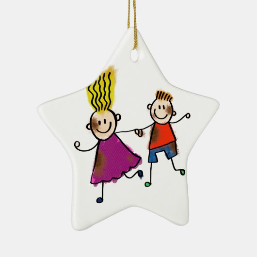 Happy Funny Kinder Couple Drawing Doodle Cartoon Keramisch Ornament (Rechts)