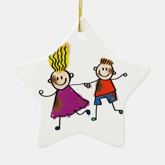 Happy Funny Kinder Couple Drawing Doodle Cartoon Keramisch Ornament (Voorkant)