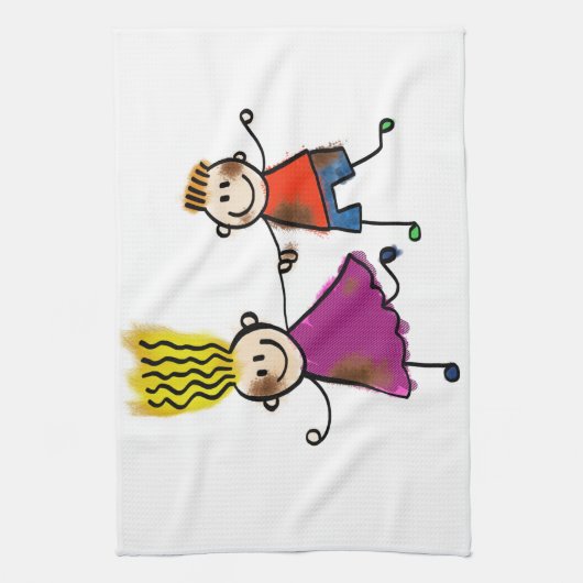 Happy Funny Kinder Couple Drawing Doodle Cartoon Theedoek (Verticaal)
