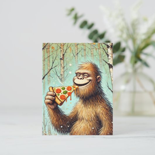 Happy Funny Sasquatch en de pizza Briefkaart (Staand voorkant)