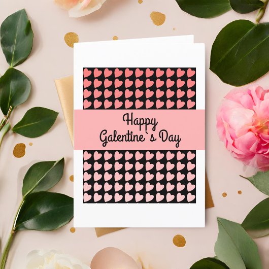 Happy Galentine`s Day Roze Zwarte Hart Patroon Feestdagen Kaart