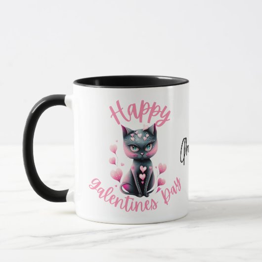 Happy Galentines Day Black and Pink Cat Coffee Mok (Links)