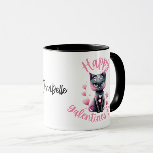 Happy Galentines Day Black and Pink Cat Coffee Mok (Voorkant rechts)