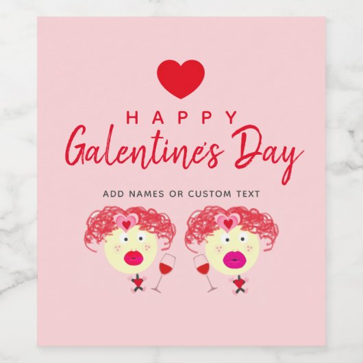 Happy Galentine's Day Blush Pink Red Heart Girls Wijn Etiket (Enkel label)