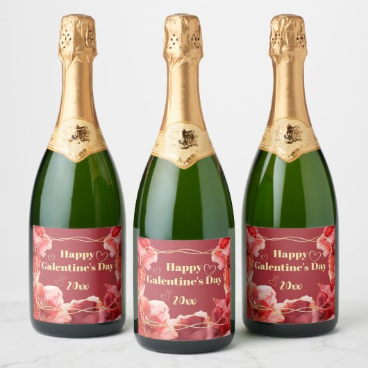 Happy Galentine's Day  Crimson Floral Gold   Sparkling Wijnetiket (Flessen)