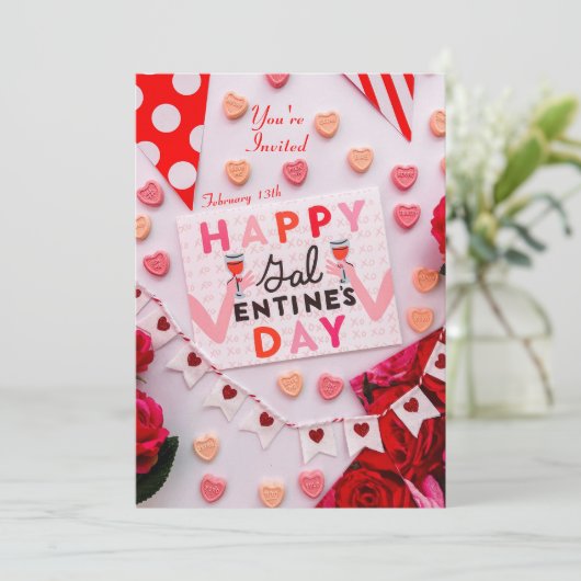 Happy Galentine's Day Food & Spirits Party Uitnodi (Staand voorkant)