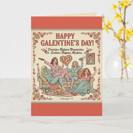 Happy Galentine's Day Greeting, Four Girlfriends Kaart (Gele Bloem)