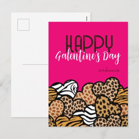 Happy Galentines Day Pink Animal Print Harten Naam Feestdagenkaart (Voorkant / Achterkant)