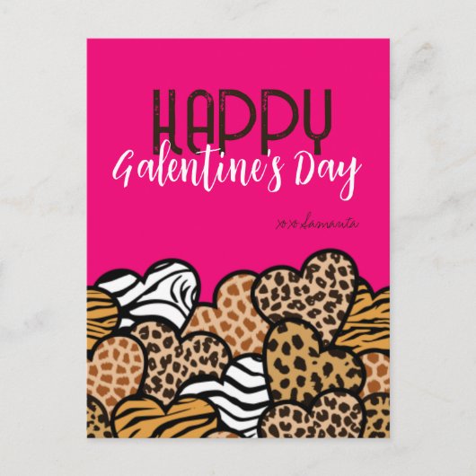 Happy Galentines Day Pink Animal Print Harten Naam Feestdagenkaart (Voorkant)