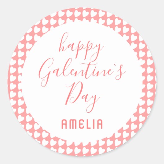 Happy Galentine's Day Roze White Heart Pattern Cla Ronde Sticker (Voorkant)