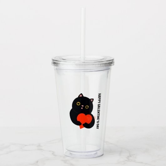Happy Galentine's Day zwarte kitten geeft een hart Acryl Drinkbeker (Voorkant)