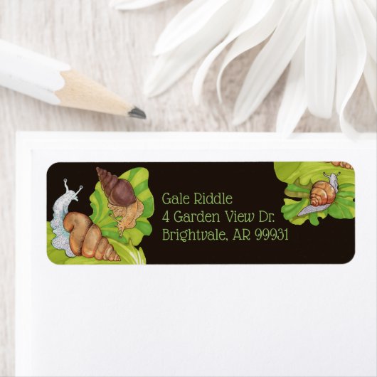 Happy Garden-slakken op bladeren Etiket (Insitu)