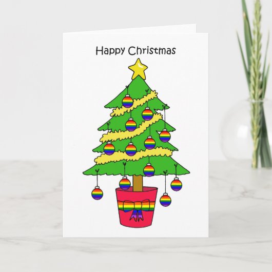 Happy Gay Cartoon Tree met Baubles Kaart (Voorkant)