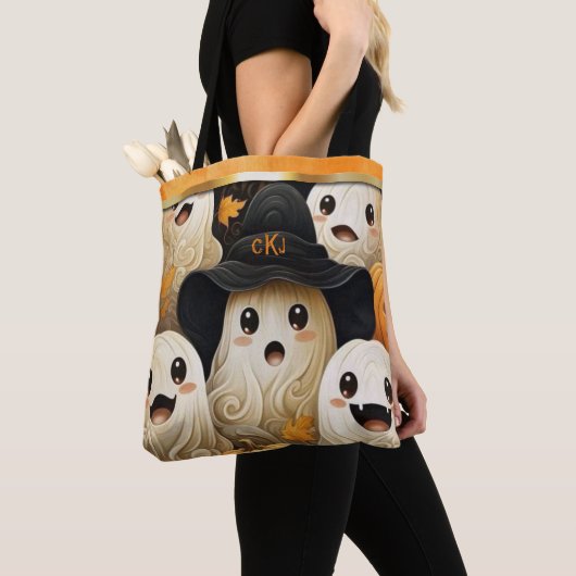 Happy Ghost Halloween Monogram Tote Bag (Dichtbij)