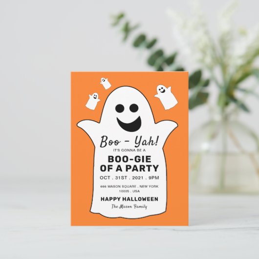 Happy Ghost, Oranje Halloween-feestuitnodiging Aankondigingskaart (Staand voorkant)