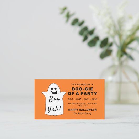 Happy Ghost, Oranje Halloween Party Ticket nodigt  Informatiekaartje (Staand voorkant)