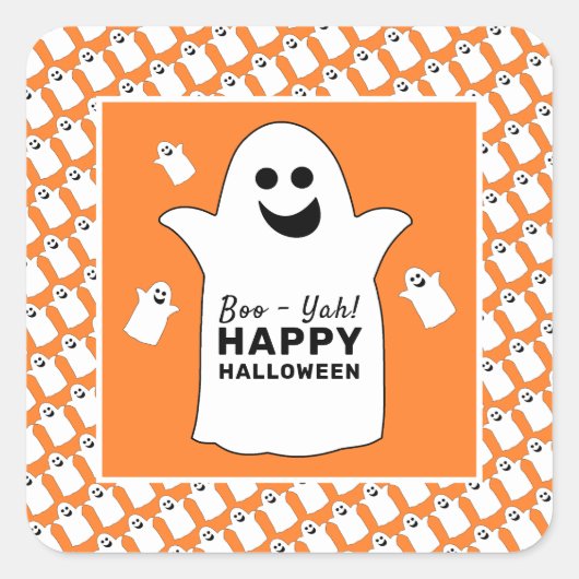 Happy Ghost, Oranje Halloween Party Vierkante Sticker (Voorkant)