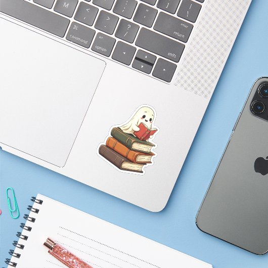 Happy Ghost Reader - Funny Bookworm Sticker (Laptop met iPhone)