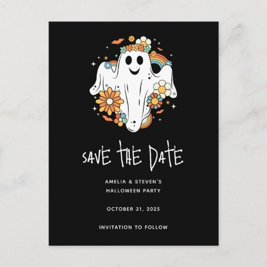 Happy Ghost Retro Hippie Vibe Halloween Aankondigingskaart (Voorkant)