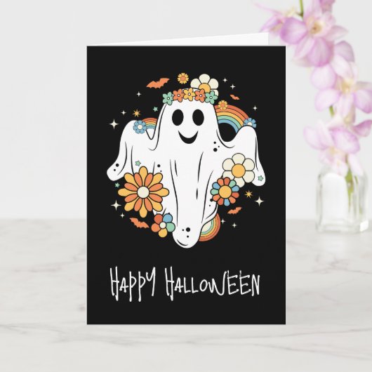 Happy Ghost Retro Hippie Vibe Halloween Kaart (Orchidee)