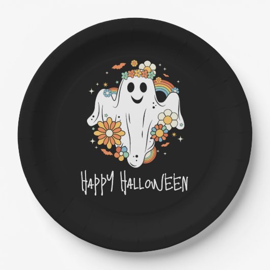 Happy Ghost Retro Hippie Vibe Halloween Papieren Bordje (Voorkant)