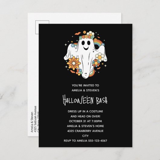 Happy Ghost Retro Hippie Vibe Halloween Uitnodiging Briefkaart (Voorkant / Achterkant)