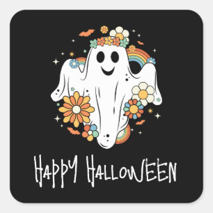 Happy Ghost Retro Hippie Vibe Halloween Vierkante Sticker