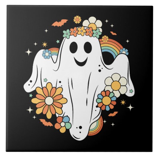 Happy Ghost Retro Hippie Vibe Tegeltje (Voorkant)