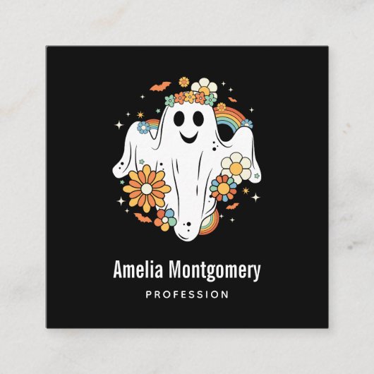 Happy Ghost Retro Hippie Vibe Vierkante Visitekaartje (Voorkant)