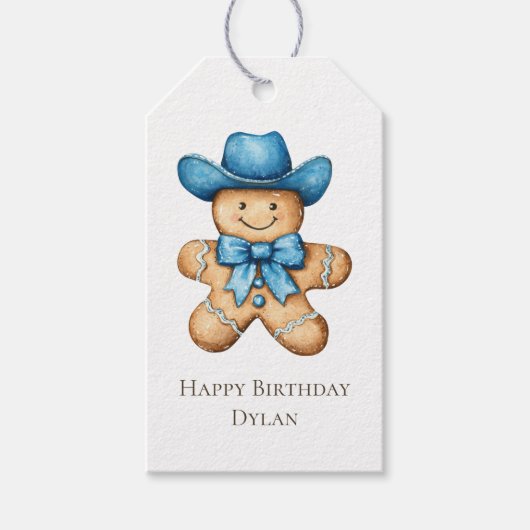 Happy Gingerbread Blue Cowboy Verjaardag Cadeaulabel (Voorkant)