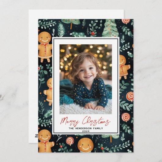 Happy Gingerbread Man aangepaste kerstfoto naam Feestdagenkaart (Voorkant / Achterkant)