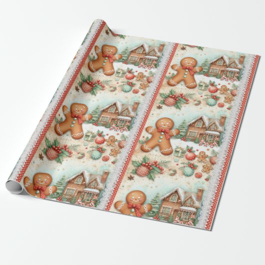 Happy Gingerbread Man Gingerbread House Cadeaupapier (Uitgerold)