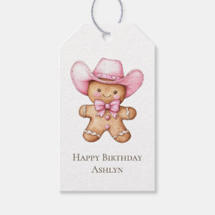 Happy Gingerbread Pink Cowgirl Verjaardag Cadeaulabel