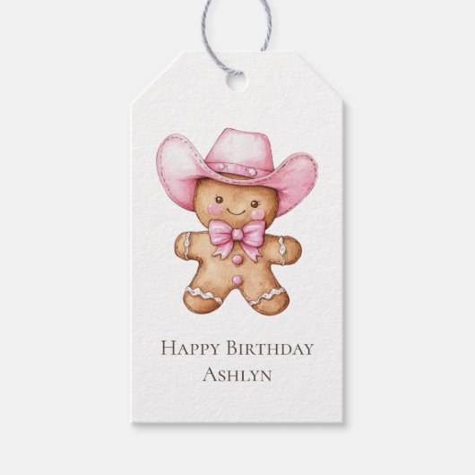 Happy Gingerbread Pink Cowgirl Verjaardag Cadeaulabel (Voorkant)