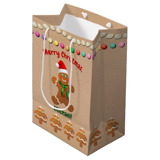 Happy Gingerbrood Boy met Santa Hat Medium Cadeauzakje (Voorkant Gekanteld)