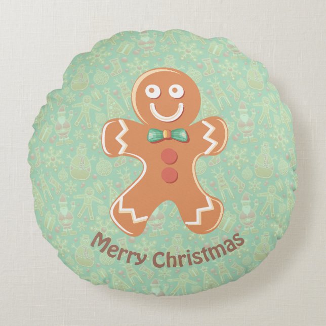 Happy Gingerbrood Man Merry Kerstry Rond Kussen (Voorkant)