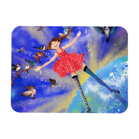Happy Girl en Birds Magnet - Schilderen Magneet (Horizontaal)
