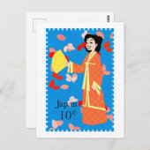 Happy Girl Japan Stamp Art Briefkaart (Voorkant / Achterkant)