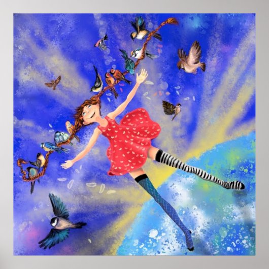 Happy Girl met vogelgeluk Poster (Voorkant)