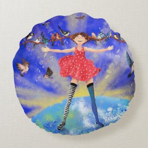 Happy Girl met vogels - Joy - Fun Rond Kussen