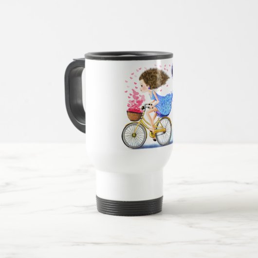 Happy Girl On A Bike Travel Mug Romantic Love Reisbeker (Voorkant links)