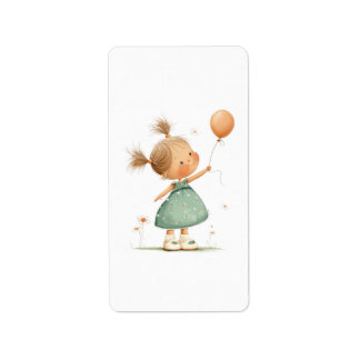 Happy Girl with Balloon Watercolor Etiket