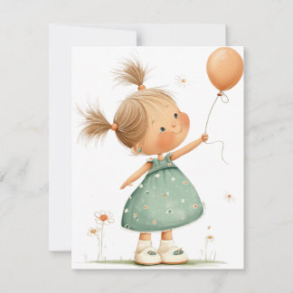 Happy Girl with Balloon Watercolor RSVP Kaartje