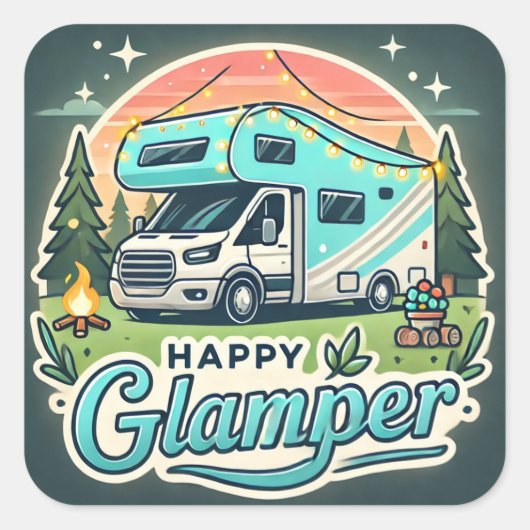Happy Glamper Square Sticker – Leuke Glamping Vibe (Voorkant)