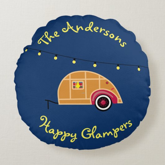 Happy Glamper Woodie Teardrop Trailer Rond Kussen (Voorkant)