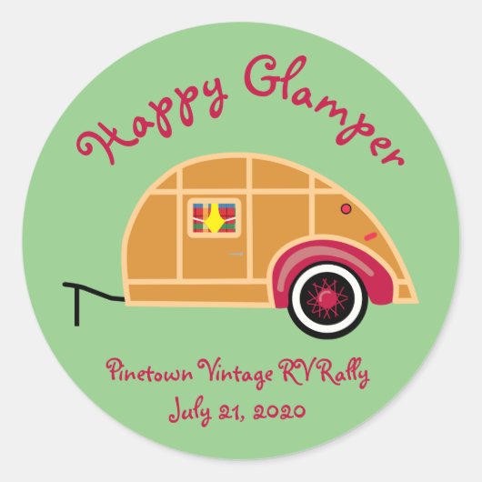 Happy Glamper Woodie  Teardrop Trailer Ronde Sticker (Voorkant)