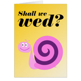 Happy, glimlachend slak: "Zullen we trouwen?"