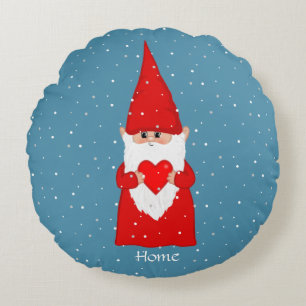 Happy Gnome en Heart op Sapphire Blue Rond Kussen