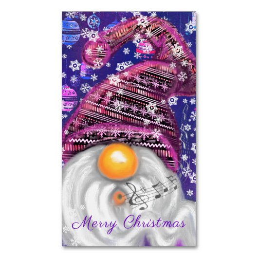 Happy Gnome in het Paarse Pet Zing een kerstlied - Magnetisch Visitekaartje (Voorkant Verticaal)